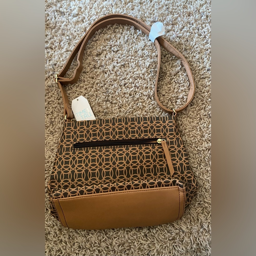 NEW-Time & Tru-Brown Patterned Shoulder Bag With Adjustable Strap